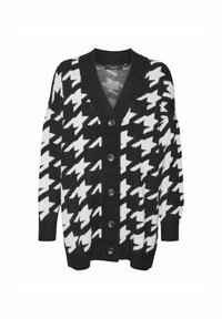 Svart och vit houndstooth-mönstrad cardigan med V-hals, långa ärmar och framknappling. Tillverkad av ett mjukt stickat tyg.