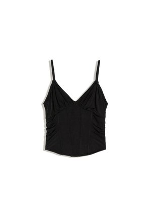 Top camisole noir sans manches avec fines bretelles, encolure en V et détails froncés sur les côtés et la poitrine.