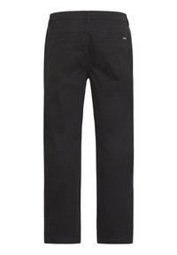 Black trousers, cotton fabric, straight-leg design, two back pockets, minimal stitching, smooth texture, no visible hardware.