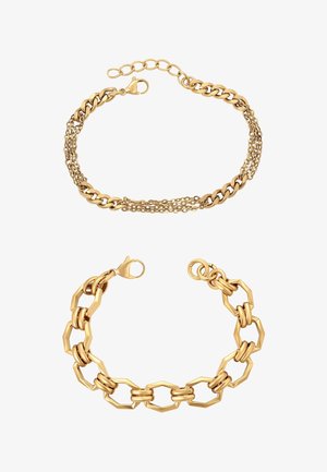 Bransoletki z metalu w kolorze złotym o różnych wzorach: jedna z splecionych łańcuchów, druga z sześciokątnych ogniw. Obie mają zapięcia typu lobster.