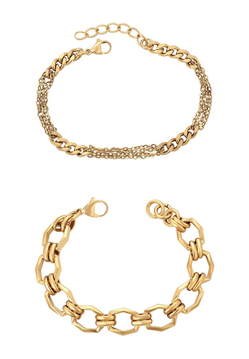 Brățări din metal auriu cu designuri distincte: una cu zale împletite, cealaltă cu zale hexagonale. Ambele au încuietori tip caracatiță.