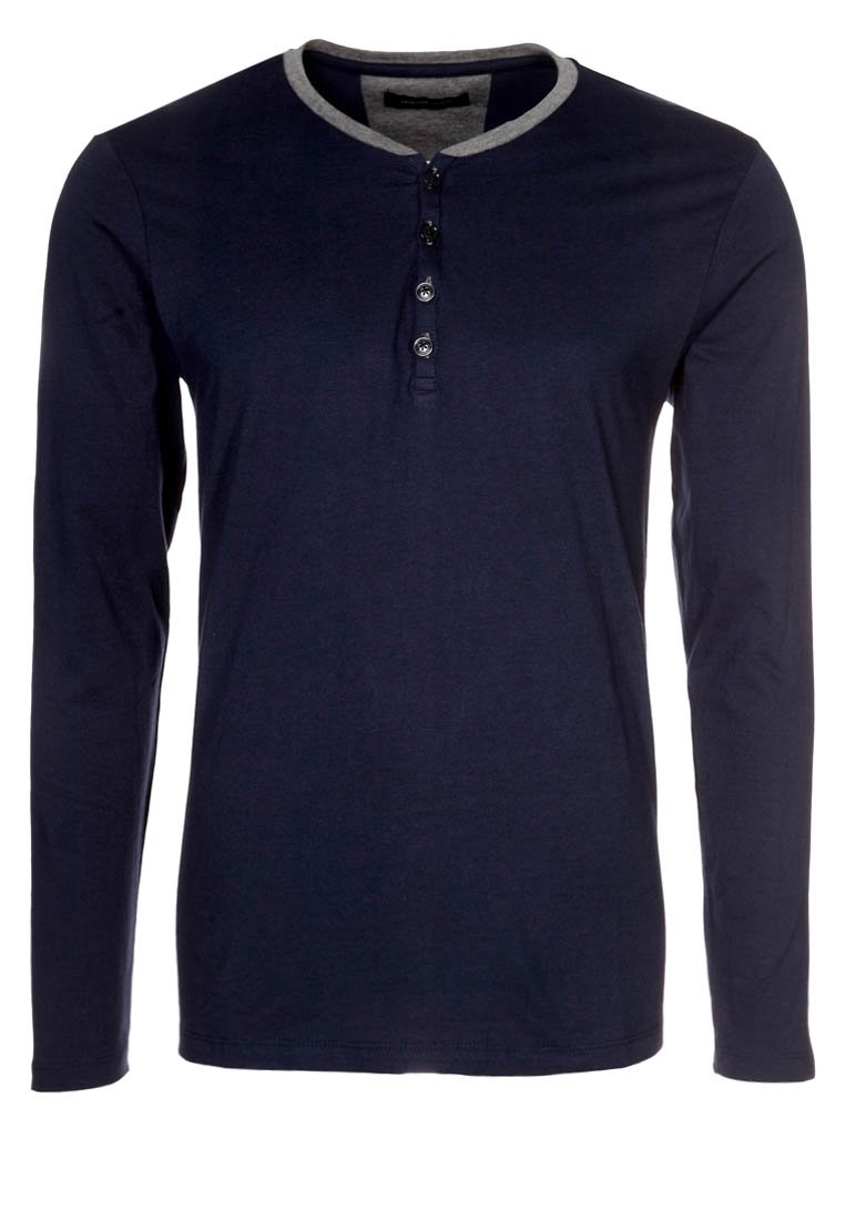 Mörkblå långärmad henley-tröja med grå krage, med knäppning fram och ribbade ärmslut. Mjuk tygkvalitet med slät textur.