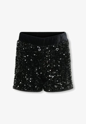 Černé šortky s flitry a jemným sametovým pasem. Mají zcela flitrovaný povrch, který vytváří třpytivý a strukturovaný vzhled.
