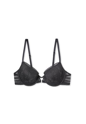 Soutien-gorge en dentelle noire avec armature, à motifs floraux, avec des bretelles réglables et une fermeture à crochet à l'avant. Détail de tissu texturé.