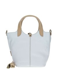 Sac à main en cuir blanc avec des accents contrastés en tan, poignées rondes, fermeture éclair et couture visible le long du centre. Bandoulière amovible incluse.