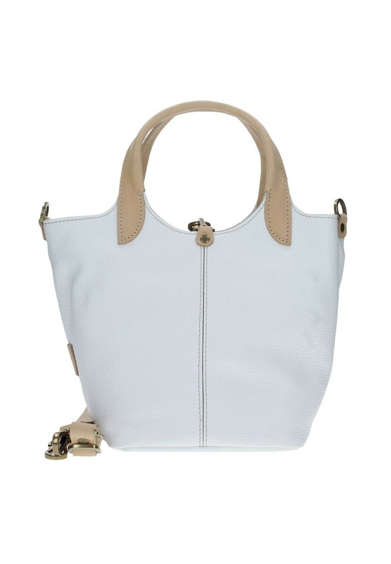 Sac à main en cuir blanc avec des accents contrastés en tan, poignées rondes, fermeture éclair et couture visible le long du centre. Bandoulière amovible incluse.