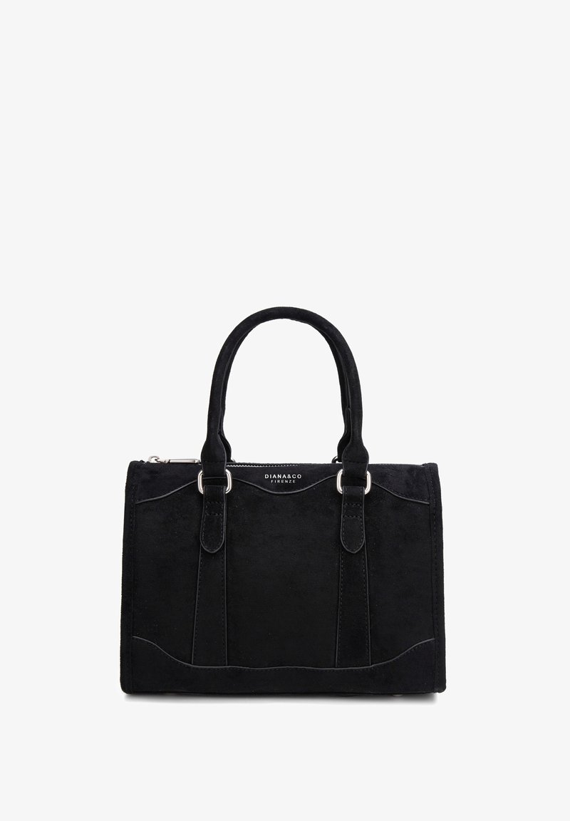 Sac à main rectangulaire noir avec double poignées supérieures, détails de couture subtils et logo "DIANA&CO FIRENZE" au centre avant.