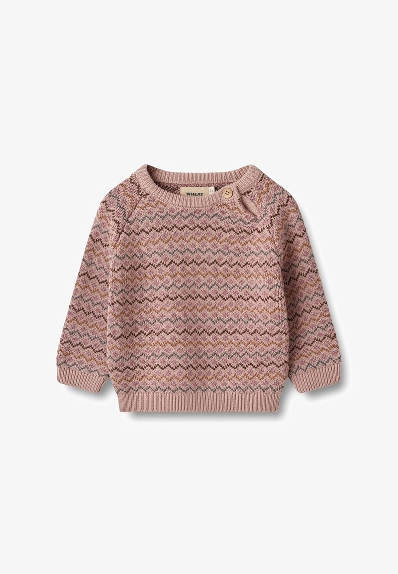 Pull en tricot pour bébé avec manches longues, motif zigzag rose et marron, et un bouton près du col, sur fond blanc.
