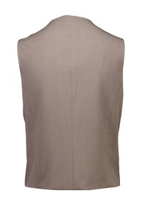 Μπεζ αμάνικο γιλέκο με εφαρμοστή γραμμή, λεία υφή και καθαρές γραμμές. Η πλάτη διαθέτει στρογγυλεμένο λαιμόκοψη και κάθετες ραφές.
