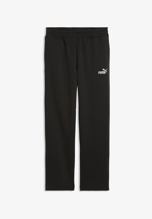 Schwarze Puma Jogginghose mit elastischem Bund und weißem Puma-Logo am oberen linken Oberschenkel, flach auf weißem Hintergrund dargestellt.