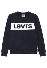 Felpa blu navy in cotone, con una striscia orizzontale bianca con la scritta "Levi's" stampata in nero, polsini e orlo ribattuti.