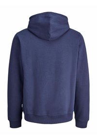 Mørkeblå hættetrøje med en tekstureret overflade, der har snoretræk til hætten, brede manchetter og et enkelt bagdesign. Klassisk pullover-stil.
