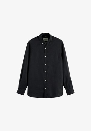 Camicia nera a maniche lunghe con bottoni, realizzata in un tessuto leggero, dotata di colletto a punta, chiusura con bottoni bianchi e un piccolo dettaglio con logo sull’orlo.