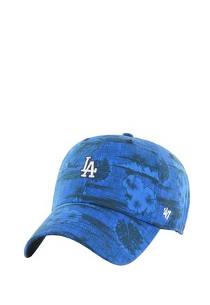 Blaues Basecap mit floralem Muster, besticktem "LA"-Logo in Weiß und kleinem "47"-Logo an der Seite. Aus Baumwollmaterial.