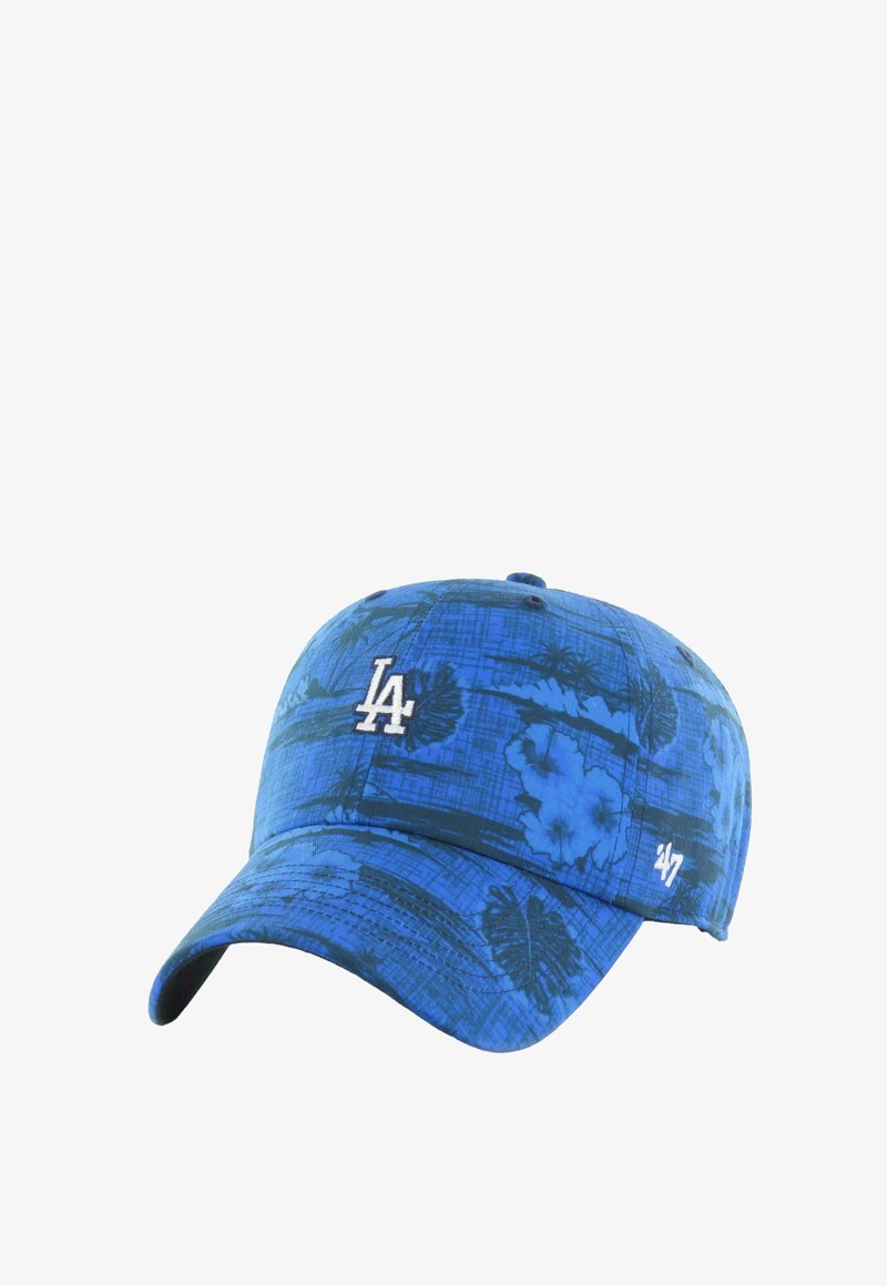 Blaues Basecap mit floralem Muster, besticktem "LA"-Logo in Weiß und kleinem "47"-Logo an der Seite. Aus Baumwollmaterial.