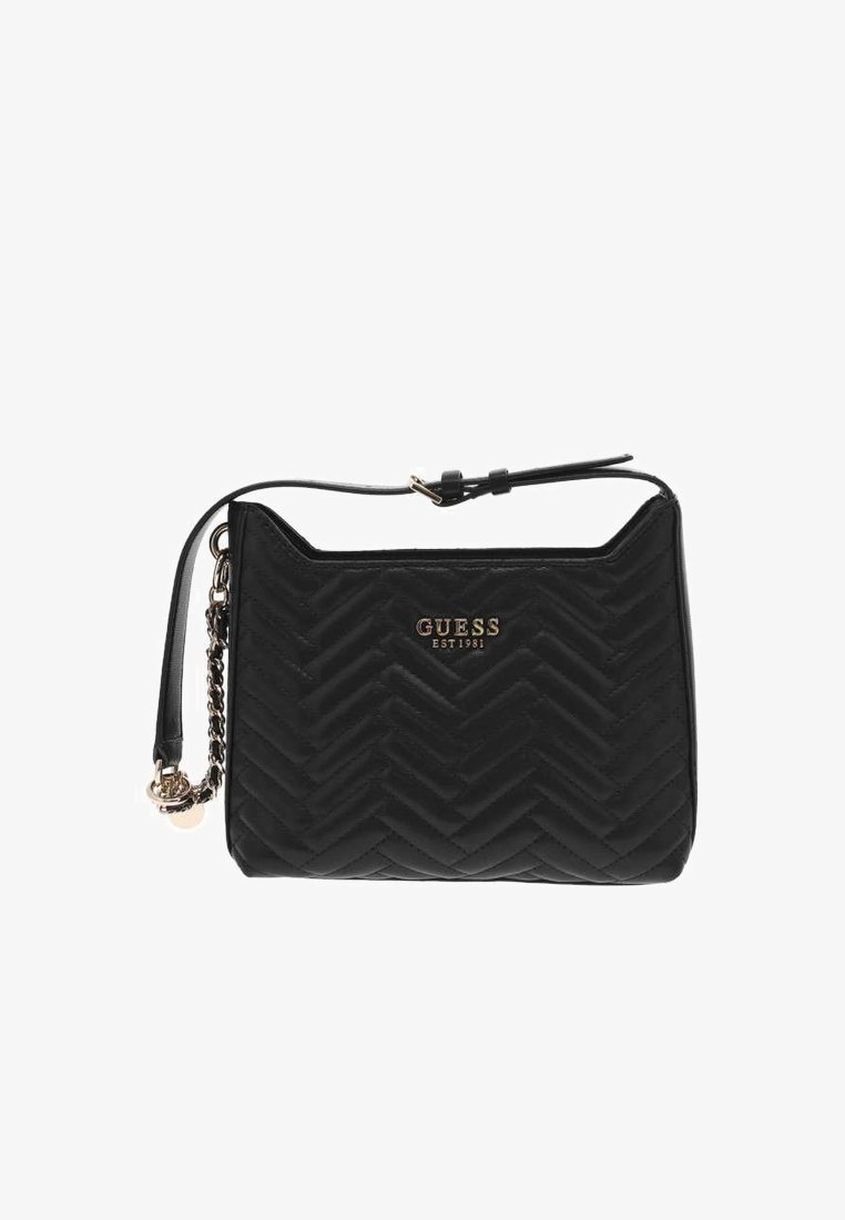 Sac à main en synthétique noir matelassé avec un motif en chevron, doté d'une chaîne et d'une sangle en cuir, d'un détail logo doré et d'une fermeture éclair.