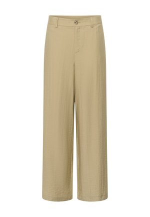 Beige weite Hosen mit Knopf- und Reißverschluss vorne, Gürtelschlaufen und strukturierter Stoff.
