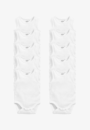 Vita baby bodysuits med ärmlös design, mjukt bomullsmaterial och tryckknappar i botten. Tio enheter visade i två kolumner.
