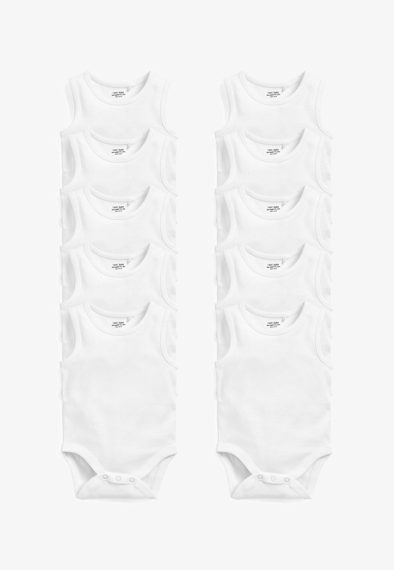 Weiße Babybodys im ärmellosen Design, aus weichem Baumwollmaterial mit Druckknopfverschluss im Schritt. Zehn Stück in zwei Spalten präsentiert.