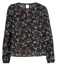 Czarna bluzka z długim rękawem w czerwone, niebieskie i białe kwiatowe wzory, z okrągłym dekoltem z wycięciem i zapięciem na guzik z tyłu.