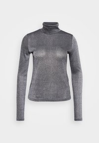 Grauer Rollkragenpullover aus metallic, dehnbarem Stoff. Lange Ärmel und figurbetontes Design, mit hohem Kragen und glatter Textur.