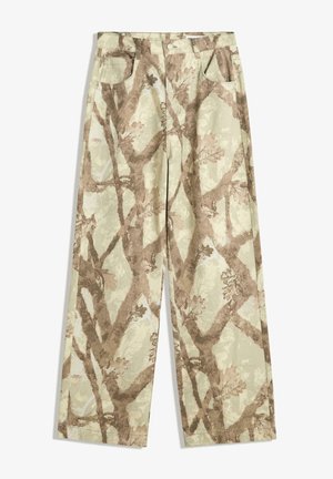 Broek van lichtgewicht stof in een lichtgroene tint, met een bruin takpatroon, wijd model en twee voorzakken.