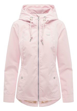 Jasnoróżowa damska kurtka przeciwdeszczowa z kapturem, zapinana na zamek błyskawiczny z przodu, z kapturem ze sznurkiem i dwoma kieszeniami bocznymi na zatrzaski.