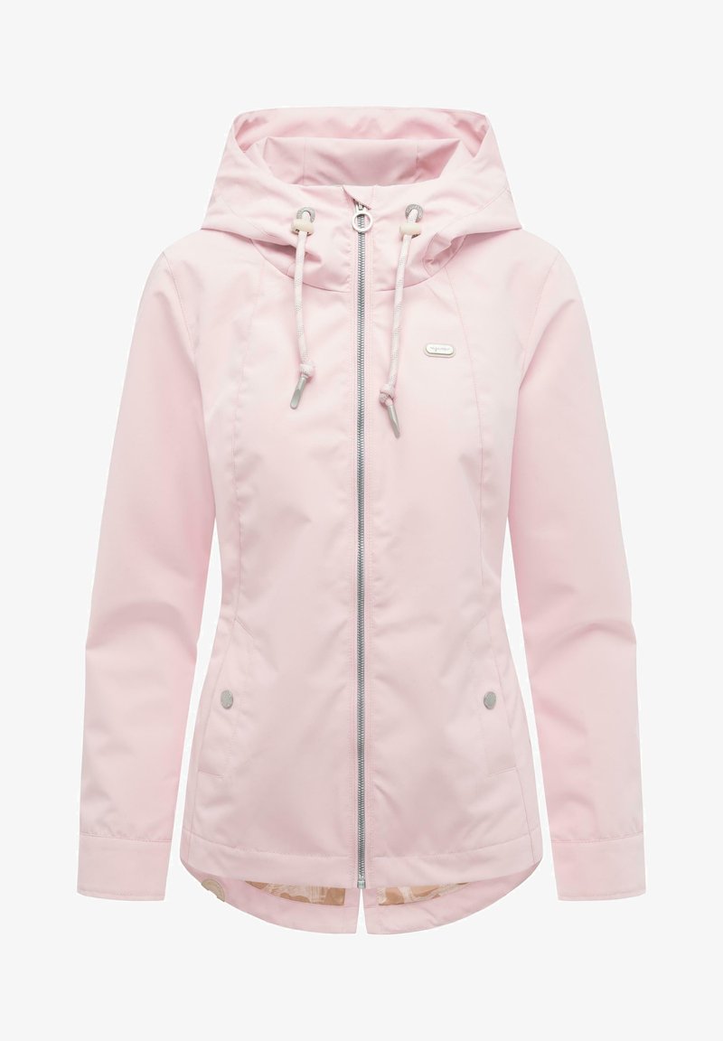 Giacca impermeabile da donna di colore rosa chiaro con cappuccio, cerniera frontale, cappuccio con coulisse e due tasche laterali con bottone a pressione.