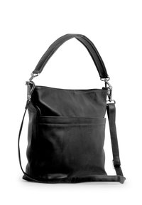 Sac à épaule en cuir noir au design décontracté, avec une poche avant, une sangle ajustable et des accents en métal. Texture lisse.