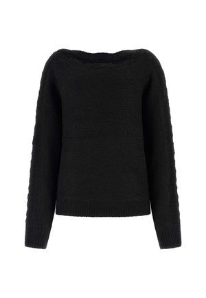 Pull noir avec un motif de tricot texturé, décolleté en scoop et manches longues. Ourlet et poignets côtelés, présentant une coupe décontractée.