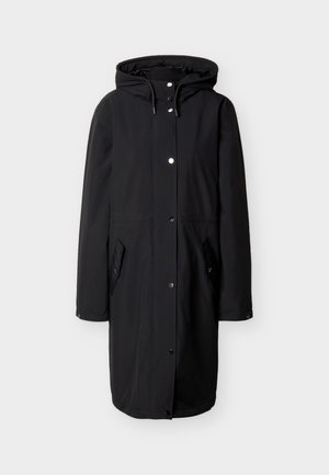 Long black hooded coat with front snap buttons and two angled flap pockets on each side.