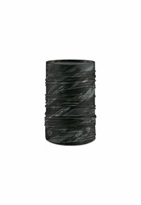 Accesorio tubular negro con diseño texturizado y en capas. Presenta sutiles patrones en gris oscuro. Fabricado en material ligero y elástico.