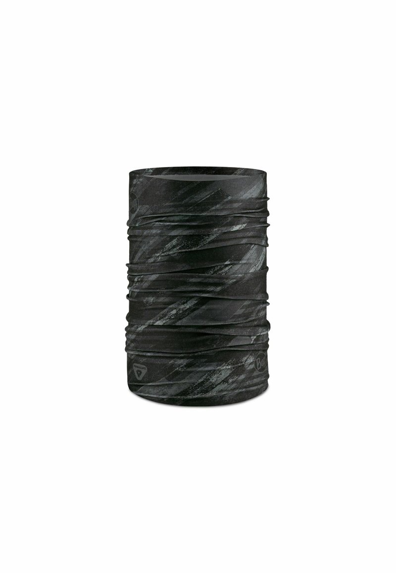 Accesorio tubular negro con diseño texturizado y en capas. Presenta sutiles patrones en gris oscuro. Fabricado en material ligero y elástico.