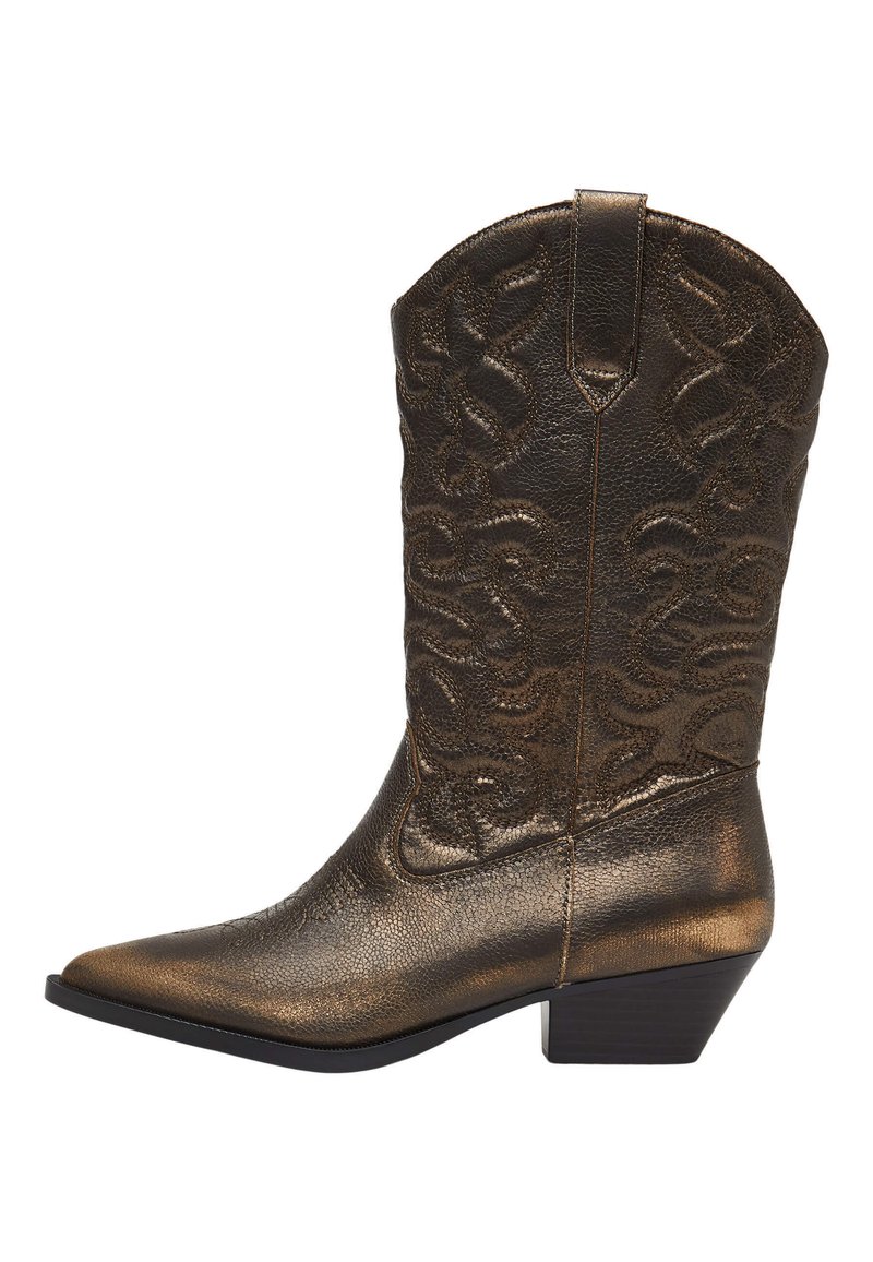 Stivale da cowboy in pelle sintetica bronzo con cuciture ornate. Presenta una punta affilata e un tacco a blocco. La superficie texturizzata aggiunge profondità.