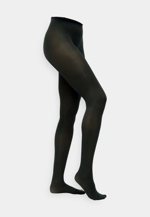 Collant neri opachi con una consistenza liscia, una vita alta e un design aderente, che mostrano una finitura semi-matte e senza motivi visibili.