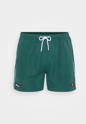 Zelené plavkové šortky vyrobené z ľahkého materiálu s elastickým pásom, bielym šnurovaním, bočnými pruhmi a detailom s logom.