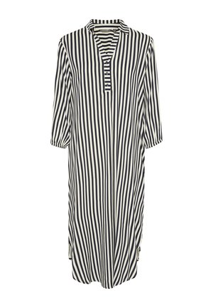 Gestreiftes Hemdkleid in Marineblau und Creme, mit einem kragenförmigen Ausschnitt, Knopfleiste und dreiviertellangen Ärmeln mit elastischen Bündchen.