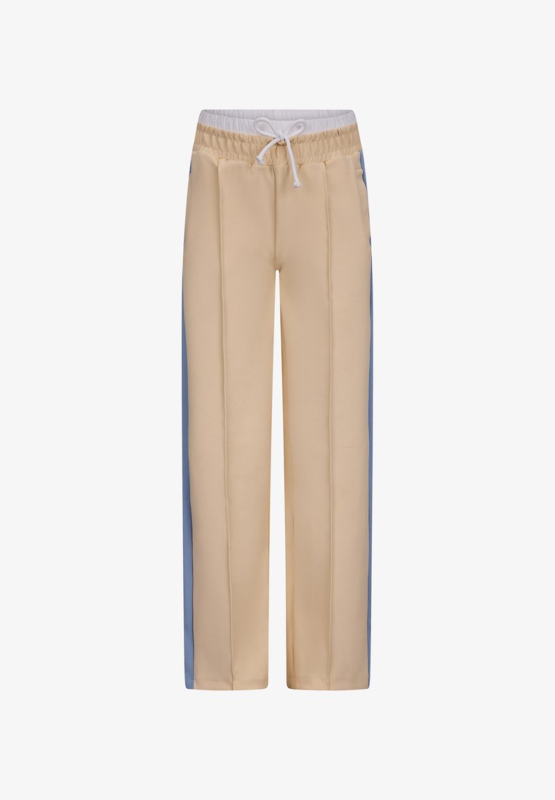 Beige Jogginghosen mit blauen Seitenteilen, elastischem Bund, Kordelzug und gesteppten Details entlang der Beine. Weiche, glatte Stofftextur.