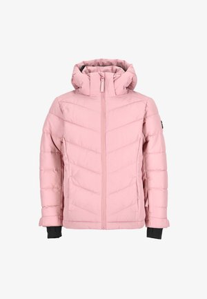 Giacca a vento rosa con colletto alto, zip frontale e accenti neri sui polsini. Design trapuntato con motivo a chevron per l'isolamento.