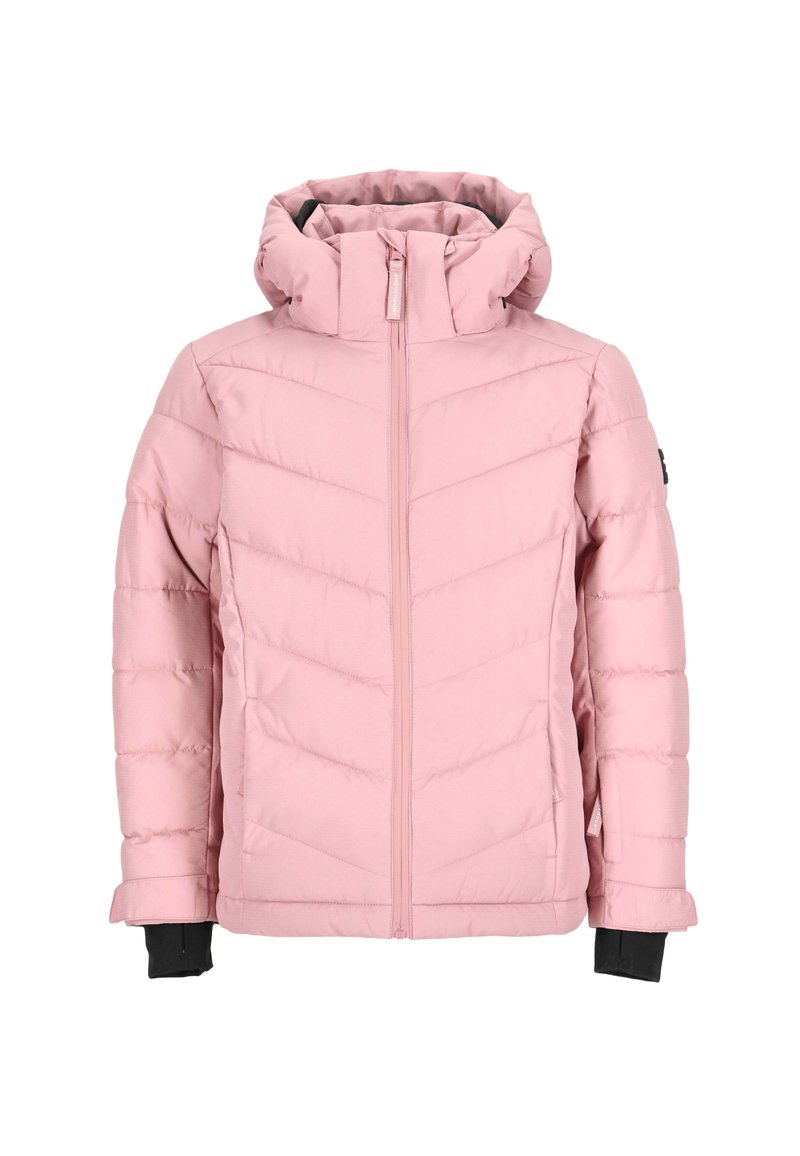 Giacca a vento rosa con colletto alto, zip frontale e accenti neri sui polsini. Design trapuntato con motivo a chevron per l'isolamento.