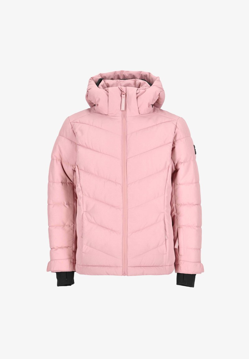 Giacca a vento rosa con colletto alto, zip frontale e accenti neri sui polsini. Design trapuntato con motivo a chevron per l'isolamento.
