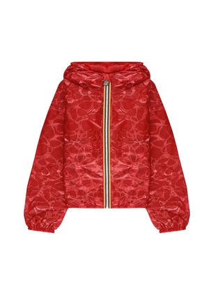 Giacca rossa con cappuccio e motivo astratto sottile, cerniera frontale con rifinitura multicolore e polsini elastici sulle maniche lunghe.