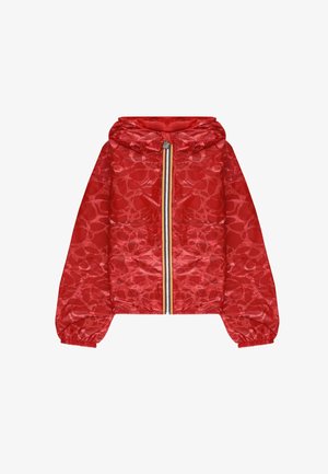 Giacca rossa con cappuccio e motivo astratto sottile, cerniera frontale con rifinitura multicolore e polsini elastici sulle maniche lunghe.
