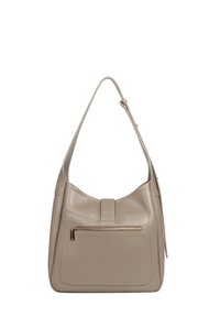 Sac à bandoulière en cuir beige avec une finition texturée, doté d'une poche zippée à l'avant, d'une large bandoulière et d'un design minimaliste.