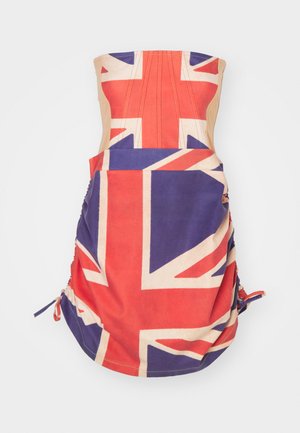 Strapless dress featuring a Union Jack print in red, white, and blue. It has gathered sides with ties and a fitted bodice design.