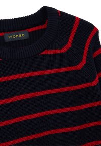 Maglione a maglia blu navy con strisce orizzontali rosse, dotato di scollo a girocollo e tessuto testurizzato. L'etichetta riporta "PIOMBO."