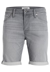 Grå denimshorts med uppvikta ärmar, med en klassisk femficksdesign och knappgylf. Etiketten säger "JACK & JONES." Slät textur.