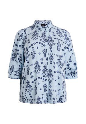 Hellblaues Hemd mit Knopfleiste, verziert mit marineblauen Blumen- und geometrischen Mustern, kurzen Ärmeln und einem Hemdkragen. Texturierter Stoff.