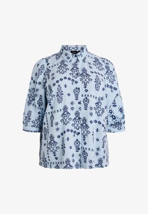 Hellblaues Hemd mit Knopfleiste, verziert mit marineblauen Blumen- und geometrischen Mustern, kurzen Ärmeln und einem Hemdkragen. Texturierter Stoff.