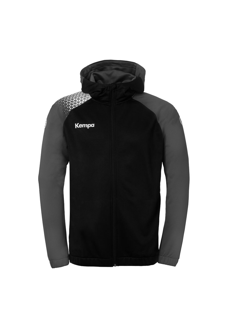 Veste zippée noire avec des manches grises, dotée d'une capuche, motif géométrique en haut à gauche, et logo "Kempa" en blanc sur la poitrine.